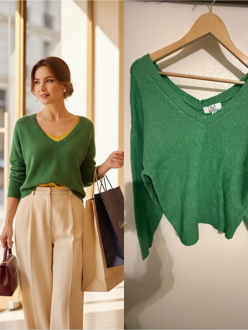 Magaschoni Green V Neck Sweater Women’s M Oversized Soft Cozy Knit